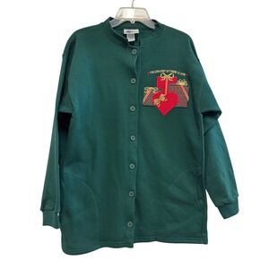 Vintage Pleasant Shade Green Christmas Cardigan Sweatshirt Womens Large USA Made